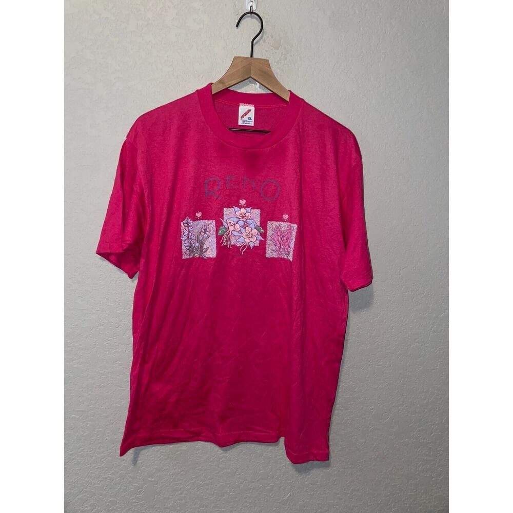 Vintage Reno Shirt Tee Flower Graphic Pink Short Sleeve Shirt VTG 1990s XL